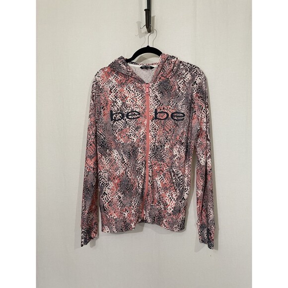 Bebe Carnation Jacket Mesh Pink Reptile Hoodie Size Large - Picture 1 of 8